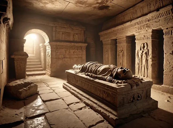 mummy,a realistic wide angle shot of an ancient crypt with a mummy on a stone sarcophagus covered with dust and humidity,little light,dark colors,eerie atmosphere,sepia tone. Photorealism,high details,4k,unreal engine5