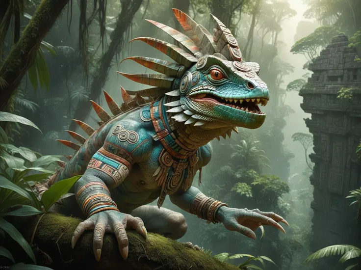Humanoid Lizard god, aztec divinity, overhead angle, dramatic jungle landscapes, Overdetailed art Best quality ultra sharp intricate details Fine art,style by Ryohei Hase