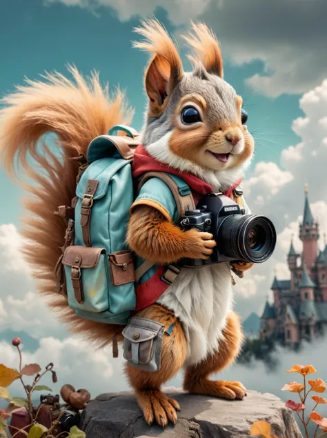 tiny squirrel with big giant backpack with camera in hands character,full body,big puffu tail,fantasy-core,Enchanted Masterpiece,Award-Winning,Masterpiece,contrast,faded,soft colors,Enchanted Masterpiece,Award-Winning,Masterpiece,contrast,faded,clouds background,colorful