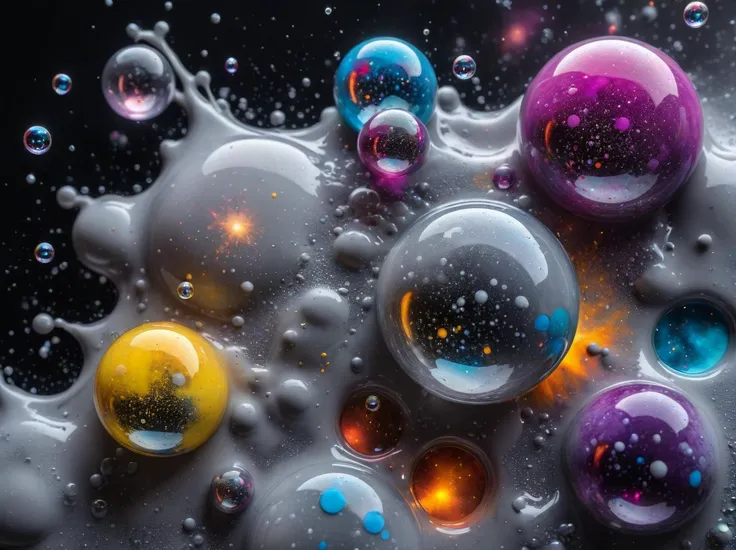 Bubbles with stars and nebula behind splattered liquid paint in (lightgray:1.2) colors. Fluid and Powder,Silk,Paint splatter,Vivid,Abstract,Clear,Spotlight,Wallpaper in dark gradient (masterpiece:1.2),(epic composition:1.4),(talent:1.2),ultra detailed,cinematic lighting,highly detailed,insanely detailed,hdr,8k,exquisite,sharp,elegant,ambient lighting,high quality.colorful