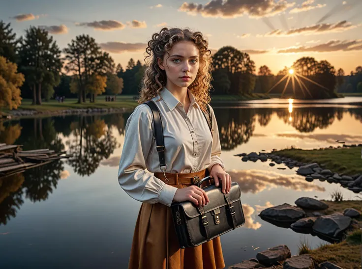 a sad woman,Hair ringlets,Silver,Workwear Leather briefcase to carry your laptop and documents.,Play the lead role in a school play, captivating the audience with your performance,aerial shot,Sunset sky reflected in a still lake,Iron Age,oil painting,Photo by Hasselblad X1D-50c with 18-55mm STM lens ultra intricate details and textures 16k maximum resolution possible 600dpi,(masterpiece best quality ultra-detailed best shadow amazing realistic picture),Samsung Galaxy,loop lighting