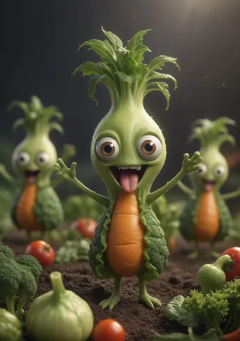 Tilt-shift, an adorable vegetable with big crossed eyes and rootlets arms outstretched forward makes a speech to the other vegetables all around that are applauding with their rootlets arms , ultra realistic, professional lightning many details, extreme detailed, full of details, Wide range of colors., Dramatic,Dynamic,Cinematic,Sharp details, Insane quality. Insane resolution. Insane details. Masterpiece. 32k resolution.