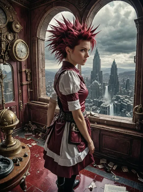 a female maid secret police,Spiky hair,Maroon,wide angle,In the Stormforged Observatory overlooking Ephemeral Falls,style by Kurt Wenner,epic Detailed illustration vibrant extremely hyper aesthetic,Kodak Tri-X 400,studio lighting