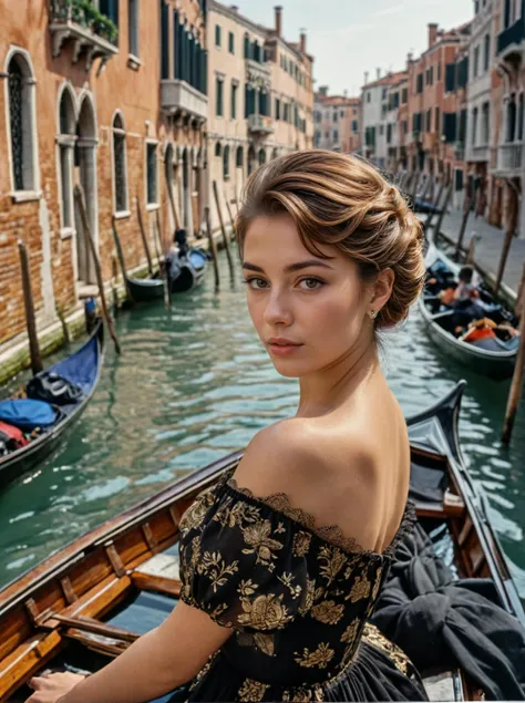 a elegant girl posing,Beehive haircut,Black,looking at another,tranquil canals of Venice are a romantic setting for a leisurely gondola ride,style by Samuel Silva,(intricate details masterpiece best quality),Fujicolor C200,rim light