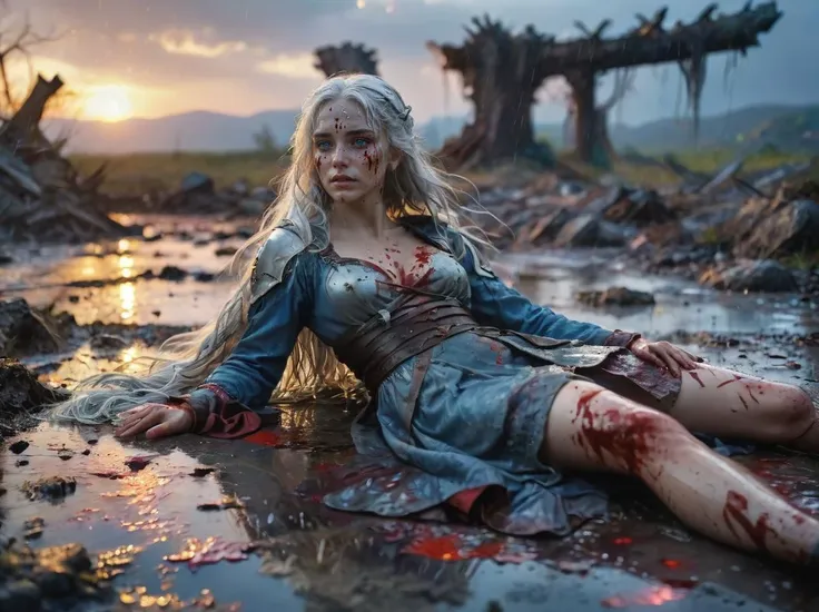 bloodied body,lying down,on the ground,girl,a beautiful warrior with flowing silver hair stands in the midst of a battle,ravaged landscape,blue light,sunset celestial,raining day,wet hair,puddle of blood