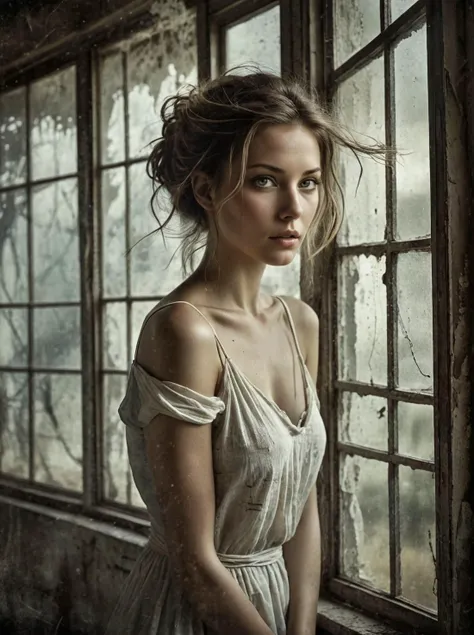 Grunge style a beautiful Woman portrait,Luminous,matserpiece,Chris Cunningham,George Christakis,Antonio Mora,window
