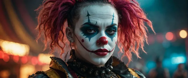 close up of a scary brazilian female cyberpunk clown on a Circus background bycircus background, a character portrait, trending on deviantart, dark atmoshopere, riot entertainment realistic, techno, peter hurley, costume design, taken with hasselblad H6D 100c, the HCD 24mm lens, old master
, <lora:epiCRealismHelper:1>, <lora:more_details:1>