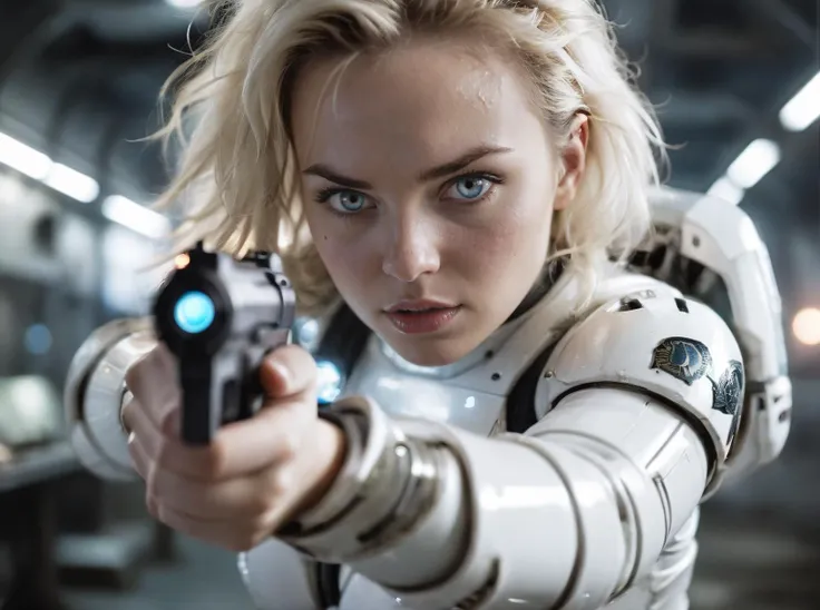 Fish eye dynamic view,close-up of attractive female space marine in white latex pointing gun at camera,in the style of long exposure effect and motion blur,cinematic lightning,hyper-detailed