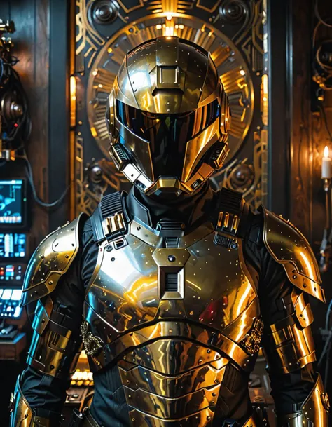 photograph texture the image portrays a meticulously crafted painting of a futuristic soldier, standing in a dimly lit room. the soldier is adorned in intricate armor made of black metal, with gold accents and wiring visible beneath the surface. his helmet, which appears to be a part of his suit, covers his face completely, giving him an imposing presence. a large gun rests on his shoulder, ready for action. the stark contrast between the dark suit and the gold accents adds depth to the painting, making it visually appealing while also hinting at the complexity of the soldier's equipment. top down close up, energy, molecular, textures, iridescent and luminescent scales, breathtaking beauty, pure perfection, divine presence, unforgettable, impressive, breathtaking beauty, Volumetric light, auras, rays, vivid colors reflects, cinematic shot, crispy clear, sharp focus, 50mm . cinematic 4k epic detailed 4k epic detailed photograph shot on kodak detailed cinematic hbo dark moody, 35mm photo, grainy, vignette, vintage, Kodachrome, Lomography, stained, highly detailed, found footage, texture the image portrays a meticulously crafted painting of a futuristic soldier, standing in a dimly lit room. the soldier is adorned in intricate armor made of black metal, with gold accents and wiring visible beneath the surface. his helmet, which appears to be a part of his suit, covers his face completely, giving him an imposing presence. a large gun rests on his shoulder, ready for action. the stark contrast between the dark suit and the gold accents adds depth to the painting, making it visually appealing while also hinting at the complexity of the soldier's equipment. top down close up, energy, molecular, textures, iridescent and luminescent scales, breathtaking beauty, pure perfection, divine presence, unforgettable, impressive, breathtaking beauty, Volumetric light, auras, rays, vivid colors reflects, cinematic shot, crispy clear, sharp focus, extremely detailed, beautiful, stunning, aesthetic, very inspirational, rich deep color, rational, epic composition, colorful background, coherent, symmetry, complex, highly modified, great creative, atmosphere, inspired, fine balanced, brilliant, awesome artistic, dramatic, elegant, full
