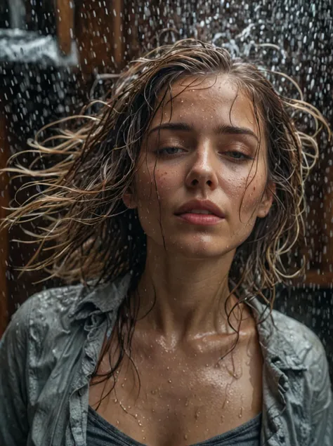 a beautiful mysterious woman drenched clothing long hair,Short hair,two-tone hair,top-down view,The Riddle House USA,(high quality awardwinning masterwork 4k highly detailed),Canon RF,hair light