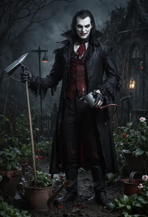 vampire_ntc, gardener's helper, a person with a watering can and a small trowel, <lora:vampire_ntc:1>