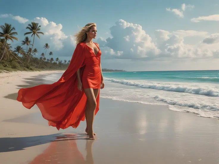 vintage etching-style image of Ursula Andress, a 25-year-old iconic blonde bombshell, standing gracefully on a deserted beach., 2000s Hip-Hop Fashion by Sean John, A woman walking on a beach, wearing a short dress and a flowing neon red cape., by Jeremy Mann, full colors, vivid, Beach scene, Miami Vice colors, Minimalist,
(best quality, masterpiece:1.3)