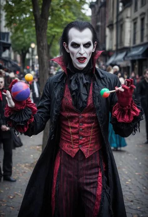 vampire_ntc, street performer, a person with a juggling set and a colorful outfit, <lora:vampire_ntc:1>