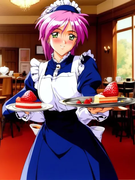 <lora:Yae_Kaori:1>, YaeKaori, 1girl, solo, food, cake, pink hair, holding, long sleeves, maid, cup, retro artstyle, plate, 1990s (style), apron, maid headdress, pantyhose, blush, teacup, fruit, looking at viewer, smile, dress, juliet sleeves, strawberry shortcake, tray, holding plate, puffy sleeves, strawberry, white pantyhose, cafe,
masterpiece, high quality, very_high_resolution, large_filesize, full color,