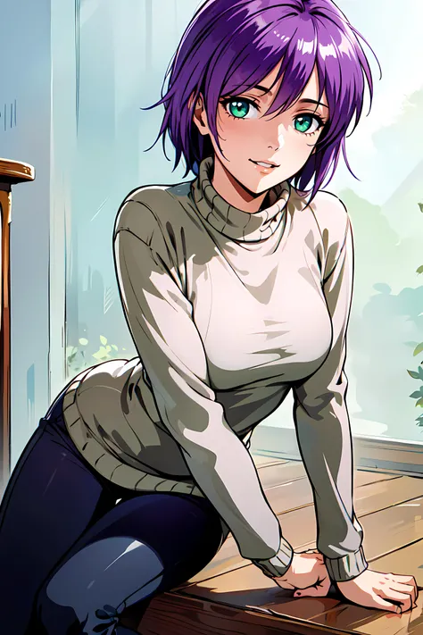 masterpiece,best quality, unreal engine, ultra res, extremely detailed,
1girl, waist, slender, (muscular:0.5)
<lora:Style_hews_style:0.4><cutesexyrobutts_v2:0.4><lora_puuzaki-puuna-lora-v1:0.2>
<lora:Concept_Round_Breasts_V7:0.4>
ROUND BREASTS, large BREASTS
smile, watching at viewer, parted lips,
sexy pose, sitting, holding own knees,
waist shot, cinematic angle
simple background, 
(anime style, key visual,:0.8)
 <lora:Yae_Kaori:0.4>YAEKAORI, PURPLE HAIR, SHORT HAIR, GREEN EYES,
turtle neck, sweater, long sleeves,oversized sweater,long pants, thighhigh boots,