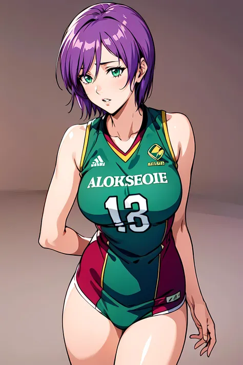 masterpiece,best quality, unreal engine, ultra res, extremely detailed,
1girl, waist, slender, (muscular:0.5)
<lora:Style_hews_style:0.4><cutesexyrobutts_v2:0.4><lora_puuzaki-puuna-lora-v1:0.2>
<lora:Concept_Round_Breasts_V7:0.4>
ROUND BREASTS, large BREASTS
parted lips,
sexy pose, standing,
waist shot, cinematic angle
(simple background:1.2)
(anime style, key visual,:1.2)
 <lora:Yae_Kaori:0.4>YAEKAORI, PURPLE HAIR, SHORT HAIR, GREEN EYES,
<lora:volley2_2LORA-DAD:0.6>VOLLEYBALL UNIFORM