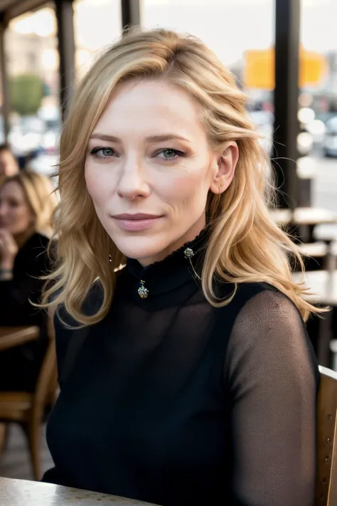 cateBlan1 piercing eyes, looking straight, very happy,long hair, wearing an off-shoulder sweater, choker, closeup portrait, in a outdoor cafe in 2015, afternoon light