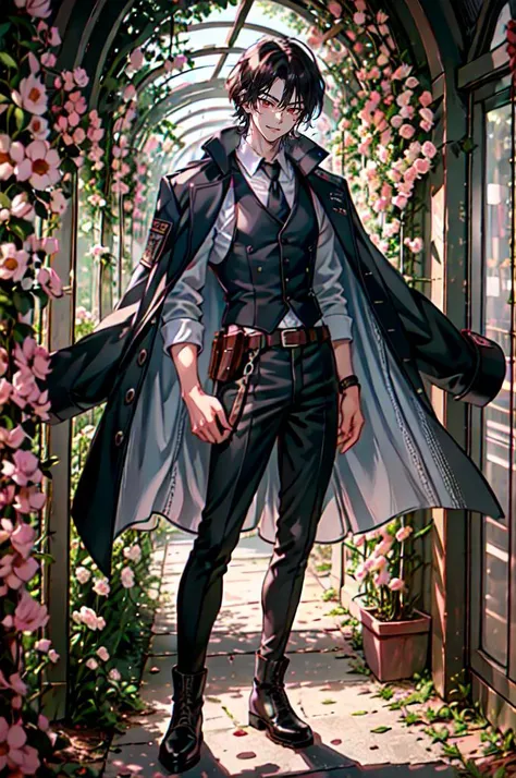 <lora:Flower Tunnelè±å¼ç漫æ¶_v1.0:0.65> Flower Tunnel, Flower Arch,, ultra detailed, masterpiece, best quality, aesthetic, detailed,, solo, smug smile, 1boy, red eyes, <lora:Tsurime3:0.7>, (tsurime:1.2), black hair, undercut, top knot, parted bangs, long bangs, bangs, short hair, hair intakes, tall,, <lora:StS-Coat-and-Jacket-On-Shoulders-Iteration2:0.7> dataset, jacket on shoulders, (coat on shoulders:1.3), black coat, dress shirt, sleeves rolled up, fingerless gloves, holster, pants, belt, multiple belts, combat boots, bulletproof vest, tactical clothes,