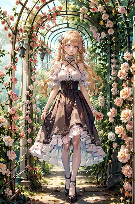 <lora:Flower Tunnelè±å¼çæ¼«æ¶_v1.0:0.65> Flower Tunnel, Flower Arch, <lora:Marina_Lucce_Maxetto_OC_v2:0.5> smile, Marina_Lucce_Maxetto_OC, 1girl, solo, blonde, very long hair, french braid, hair ribbon, frilled choker, criss-cross halter, sleeveless dress, high-waist skirt, backless dress, waist bow, detached sleeves, frilled sleeves, wide sleeves, pantyhose,, ultra detailed, masterpiece, best quality, aesthetic, detailed,