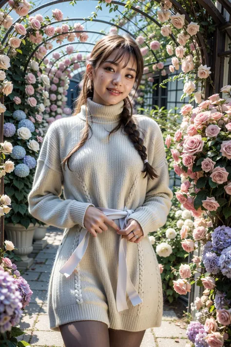(realistic:1.3), finely detailed, quality, rembrandt lighting, (masterpiece:1.2), (photorealistic:1.2), (best quality), (detailed skin:1.3), (intricate details), dramatic, ray tracing, 1girl, japanese girl, 21 years old, detailed skin texture, (blush:0.5), (goosebumps:0.5), subsurface scattering, smiling, medium breasts, braided hair ring, braided hair loop, bangs, hair between eyes, sweater dress, turtleneck, long sleeves, belt, pantyhose, (Flower Tunnel:1.2), cowboy shot, (bright sunny day, blue and pink hydrangea flowers), <lora:Flower Tunnel_20231201005206:0.4>