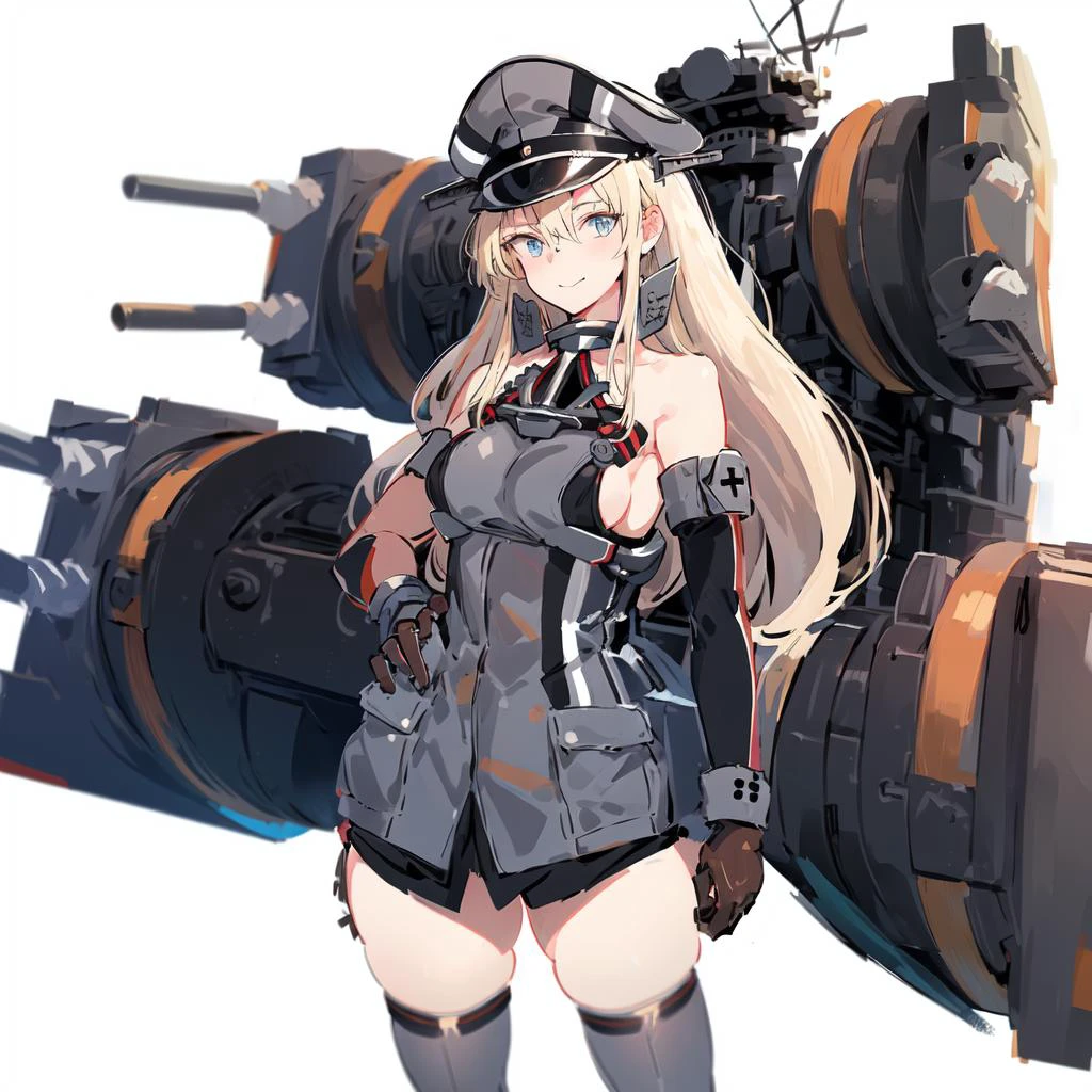 <lora:KC_Bismarck1-000006:0.8>, bismarck_\(kancolle\), 1girl, blonde hair, hat, long hair, blue eyes, gloves, military, brown gloves, peaked cap, thighhighs, military uniform, uniform, bare shoulders, detached sleeves, military hat, iron cross, breasts,anchor, grey thighhighs, large breasts, long sleeves, masterpiece, best quality, thick thighs, (simple background), (white background:1.3), (straight-on:1.5), natural, hairclips, solo focus, looking at viewer, facing viewer, standing, light smile,(cropped legs, ), <lora:pastelMixStylizedAnime_pastelMixLoraVersion:1>,