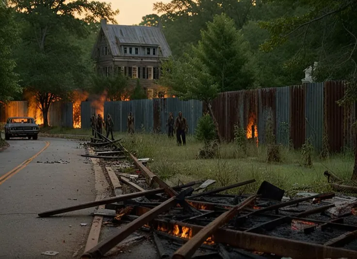 cinematic movie still of (zombies) in the woods, TWDAlexandriaWall visible between the trees, rusted metal, angled supports, old southern homes on fire at night, dirty street, hyperdetailed, shallow depth of field, f1.4, film look, gamma 2.4 <lora:TWDAlexandriaWall:1>