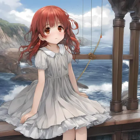 best quality,highly detailed,masterpiece,ultra-detailed,illustration,beautiful detailed eyes,medium breast,little girl,Bare shoulders,red hair ,hair_pull,fetal_position,seaside,highres,bell,rainy days,back-to-back,pleated_skirt,crossed bangs,head tilt,heart in eye,leg_garter,in winter,yukkuri_shiteitte_ne,4koma,frown,bright_eyes, <lora:IshiKeiSDXL:0.7>