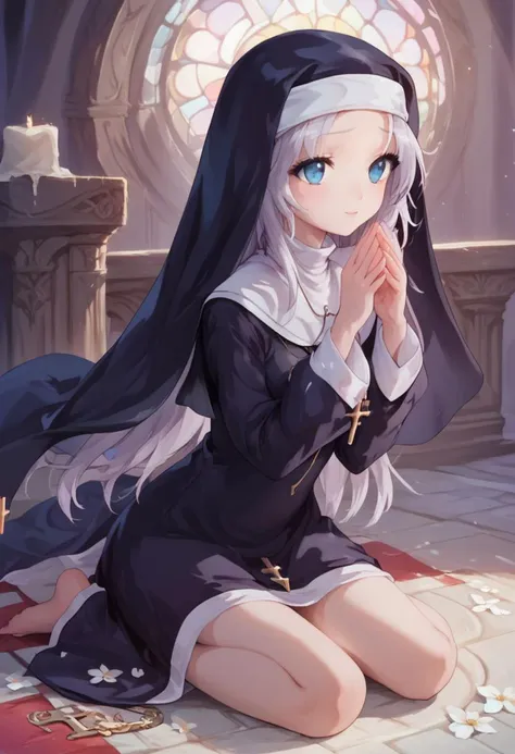 score_9, score_8_up, score_7_up, maria, nun,1girl, long hair, detailed blue eyes, cute, adorable, innocent, full body shot, detailed, pure, soft, sitting