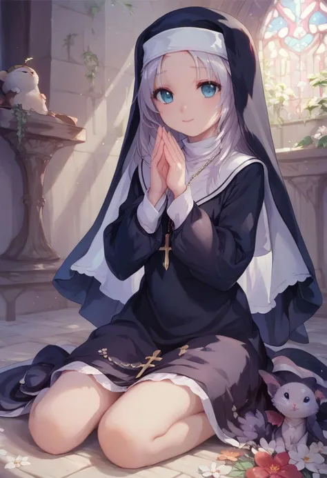 score_9, score_8_up, score_7_up, maria, nun,1girl, long hair, detailed blue eyes, cute, adorable, innocent, full body shot, detailed, pure, soft, sitting