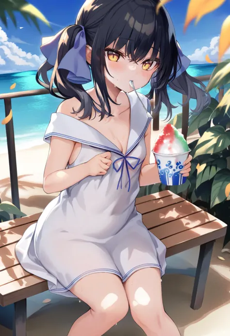masterpiece, best quality,<lora:kedamaaXL_ANI31_lokr_V4304:0.95> 1girl, solo, food, twintails, outdoors, dress, sitting, white dress, black hair, looking at viewer, flower, holding, sleeveless, day, ribbon, long hair, shaved ice, collarbone, bare shoulders, sunflower, mouth hold, ocean, sleeveless dress, sweat, breasts, cloud, blush, hair ribbon, sky, cup, petals, blue sky, horizon, holding cup, yellow eyes, summer, sailor collar, bench, nail polish, blue ribbon, feet out of frame, beach, orange eyes, cleavage, small breasts, water, off shoulder, sidelocks, spoon, yellow flower, hair between eyes