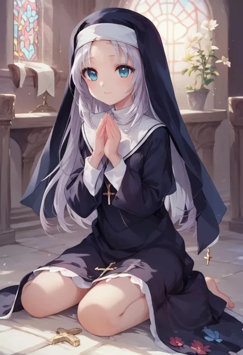 score_9, score_8_up, score_7_up, maria, nun,1girl, long hair, detailed blue eyes, cute, adorable, innocent, full body shot, detailed, pure, soft, sitting