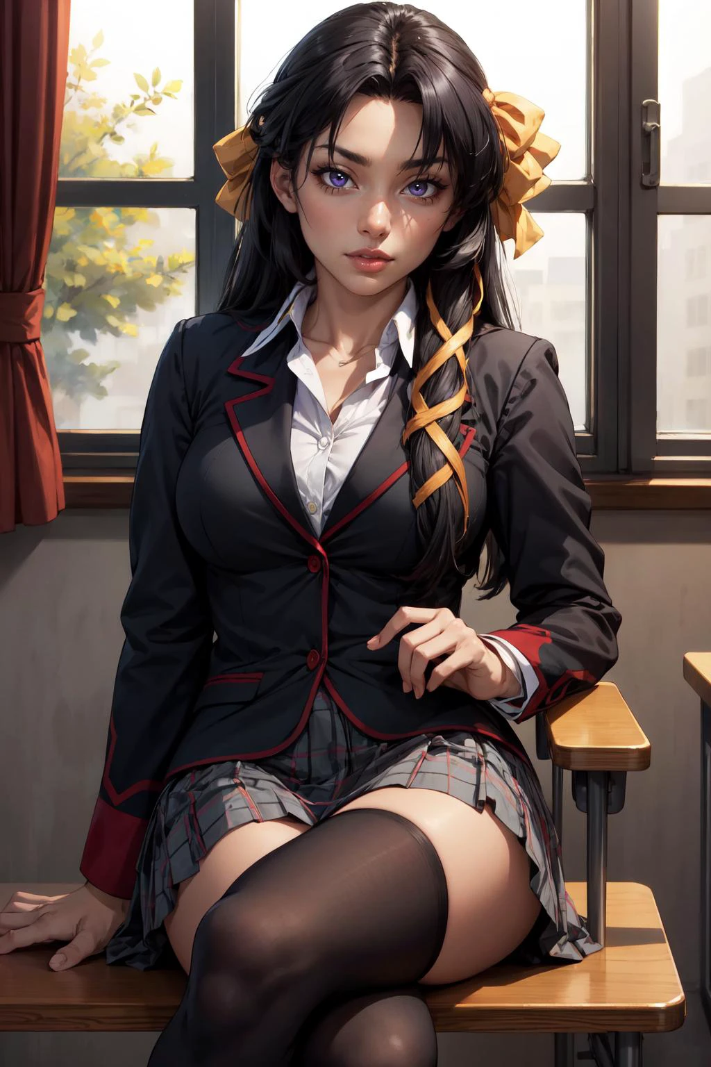 (masterpiece, best quality, 4k, detailed, intricate, realistic),sitting,crossed legs,1girl, kurugaya yuiko, hair ribbon,school uniform, jacket, plaid skirt, black thighhighs <lora:littlebusters_kurugaya:0.75>