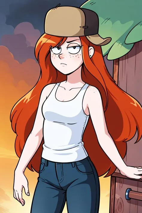 comic style, illustration, cartoon, (anime), (illustration), cartoon, detailed, wendygf, 1girl, solo, long hair,  hat, holding, jewelry, red hair,  pants, orange hair, tank top, freckles,  white tank top <lora:wendygf:0.6>, [[by phil jimenez]]