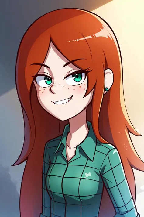 wendygf, 1girl, solo, long hair, shirt, jewelry, red hair, collared shirt, freckles, green shirt, <lora:wendygf-15 (1):0.55>
portrait, revealing clothes, bare arms, evil smile,