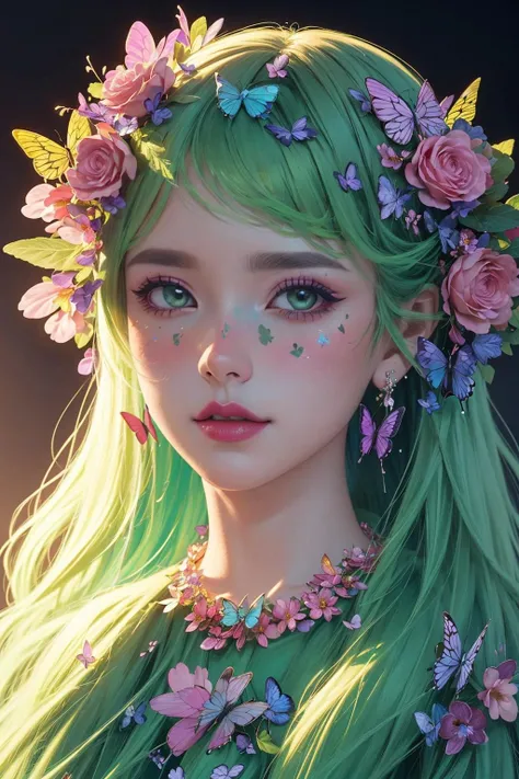 ((masterpiece)), (best quality), official art, extremely detailed CG, unity 8k wallpaper, ultra detailed,
fashion_girl, colorful hair, jewelry, flower, bold makeup, green theme, deep shadow, dimly lit, shade,
portrait, (upper body:1.4), butterfly,
<lora:Fashion_Girl:0.6>