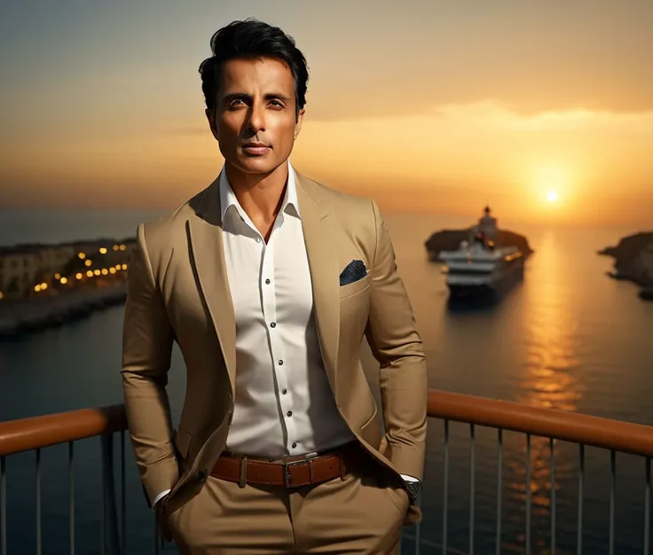 Nautical-themed (Photo:1.3) of (Ultrarealistic:1.3) <lora:Man_Men_FFashion:1> rufus sewell a man <lora:Sonu-Sood_Rufus-Sewell:1> in a tan suit standing on a balcony, sun behind him, inspired by Pablo Munoz Gomez, shot at golden hour, editorial photograph, midshot of a hunky, by Roman Bezpalkiv, by Artur Tarnowski, maxim sukharev, by Gabor Szikszai,Highly Detailed,(Mono Color:1.3) . Sea, ocean, ships, maritime, beach, marine life, highly detailed