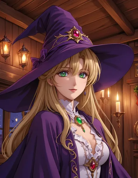 anime artwork beautiful detailed portrait, motherly beautiful adult mature magician woman, long lush flowing blonde hair, beautiful detailed face, delicate oval face, big kind green eyes, delicate nose, delicate lips, kind loving smile, beautiful purple magician's robe, big purple witch hat, wooden cabin interior, candle lit room, best quality, extremely detailed . anime style, key visual, vibrant, studio anime, highly detailed