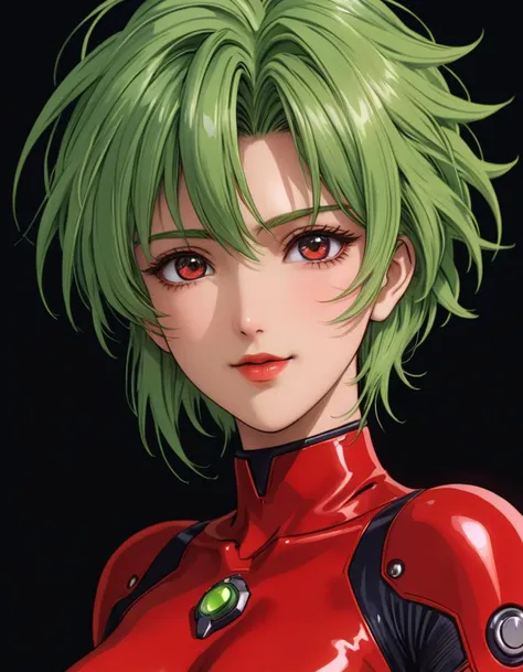 anime artwork beautiful detailed portrait, a beautiful mature feisty woman, short messy green hair, high-tech, beautiful expressive red eyes, delicate round face, sharp chin, delicate nose, lush lips, confident grin, beautiful top, sci-fi, best quality, extemely detailed . anime style, key visual, vibrant, studio anime, highly detailed