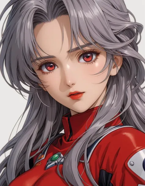 anime artwork closeup, extremely detailed beautiful woman, square jaw, wide face, slightly wrinkled face, thoughtful expression, kind eyes, red lipstick, long gray cascading hair, wearing red combat outfit, posing, white background, best quality, extremely detailed . anime style, key visual, vibrant, studio anime, highly detailed