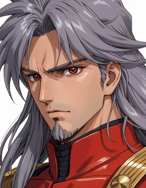 anime artwork closeup, extremely detailed mature man, square jaw, wide face, thoughtful expression, sharp eyes, long gray hair, facial hair, wearing red combat outfit, posing, white background, best quality, extremely detailed . anime style, key visual, vibrant, studio anime, highly detailed