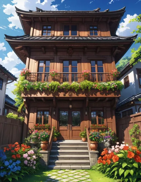 anime artwork beautiful two story house made of wood with wide big windows, a black wooden door, beautiful flower garden, best quality, extemely detailed . anime style, key visual, vibrant, studio anime, highly detailed