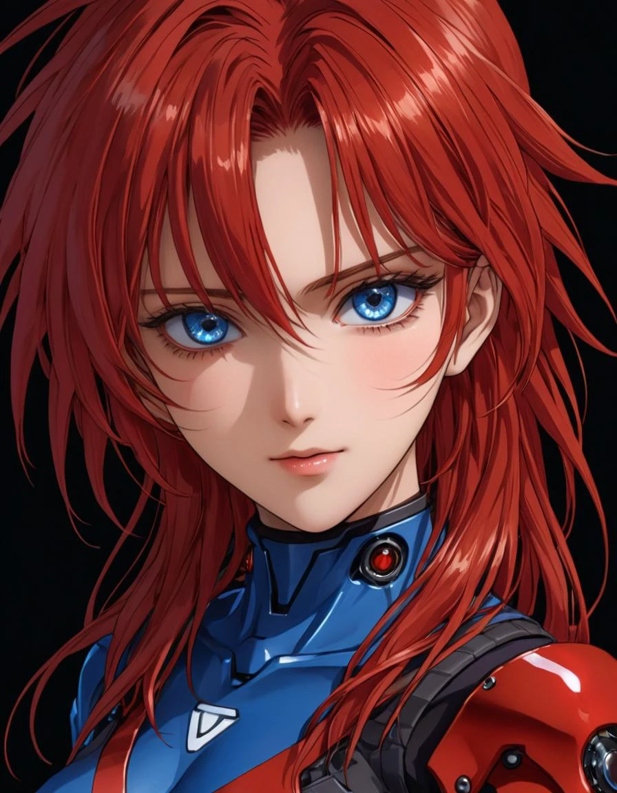 anime artwork Beautiful detailed face, pretty girl, short messy red hair, big blue eyes, beautiful detailed face, red blue t-shirt, slight smile, sci-fi, assassin, covered face, metal mask, glowing eyes, exoskeleton, metallic, chrome, best quality, extremely detailed . anime style, key visual, vibrant, studio anime, highly detailed