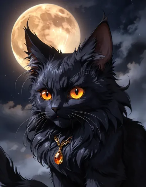 anime artwork black fluffy gorgeous dangerous cat animal creature, large orange eyes, big fluffy ears, piercing gaze, full moon, dark ambiance, best quality, extemely detailed . anime style, key visual, vibrant, studio anime, highly detailed