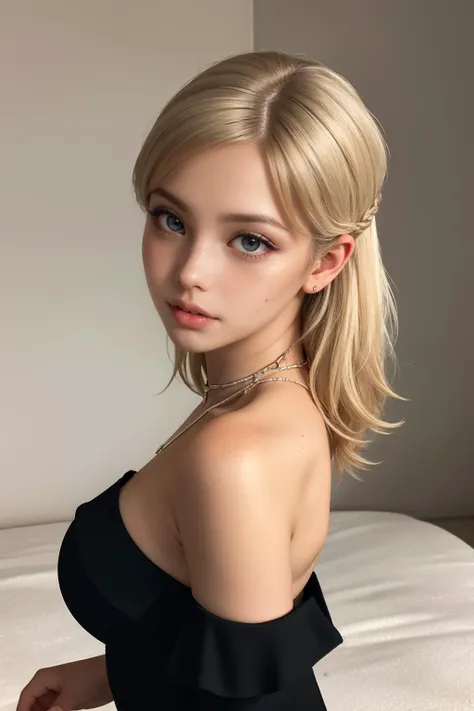 1girl, <lora:b4ckl3ssch41ns:0.78> b4ckl3ssch41ns,underboob, (black dress:1.2), bare shoulders, strapless, tube top, body chains, long dress, From Above,
Nsfw,
(ultra realistic,32k, masterpiece:1.2),(high detailed skin:1.1),( high quality:1.1),
detailed hair,
intricate detail,
(detailed realistic background:1.3),
realistic lighting,
[cinematic lighting|sunset lighting],
hyperrealism,
soothing tones,
muted colors,
high contrast,
soft light,
sharp,
artistic photoshoot,
braided top knot pale blonde hair,
cute,slender,european, eyes,pale cheeks,square face shape with angular jaw,natural "no-makeup" makeup,freckles,