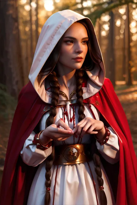 <lora:slavicfantasy:0.6>, slavic style, beauutiful woman, dark brown braids, white dress, red hooded cape, serene expression, enchanted forest, golden hour || masterpiece, perfect quality, sharp focus, shallow depth of field, 8k