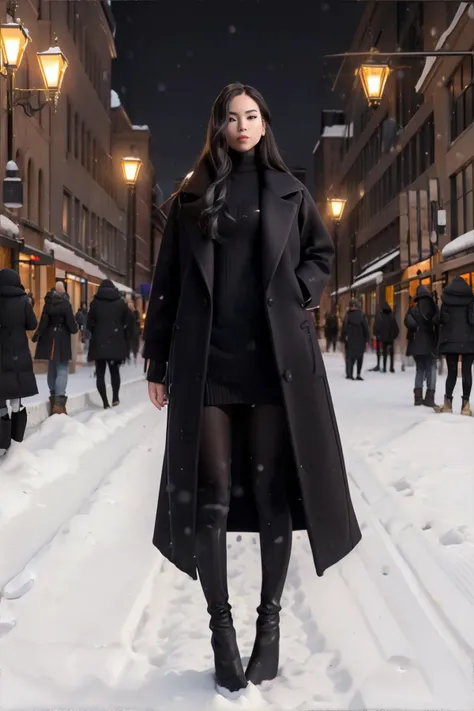 <lora:oversized-coat:0.5>, woman wearing oversized_coat, sweater dress, tall boots, tights, city street, winter, nighttime, snow || masterpiece, perfect quality, sharp focus, shallow depth of field, 8k