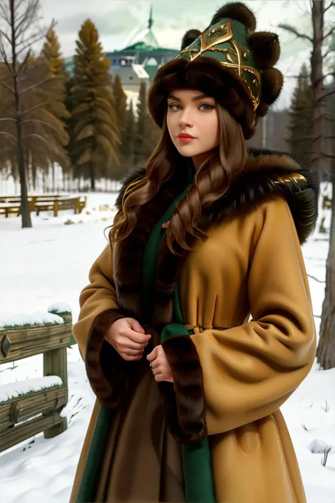 <lora:slavicfantasy:0.6>, slavic style, beautiful young woman, tan coat with fur trim, black skirt with green and gold details, fur hat, snowy landscape, winter || masterpiece, perfect quality, sharp focus, shallow depth of field, 8k