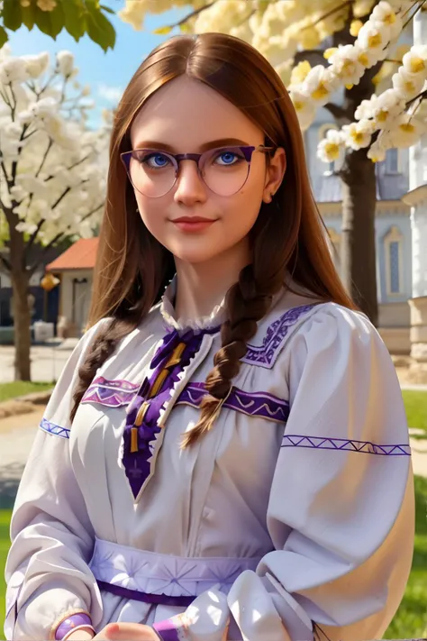 <lora:bzl:0.7> <lora:slavicfantasy:0.6>, slavic style, bzl_test, beautiful young woman, traditional white dress with purple trim, brown hair, (grey|blue|green) eyes, glasses, closed smile, spring time || masterpiece, perfect quality, sharp focus, shallow depth of field, 8k