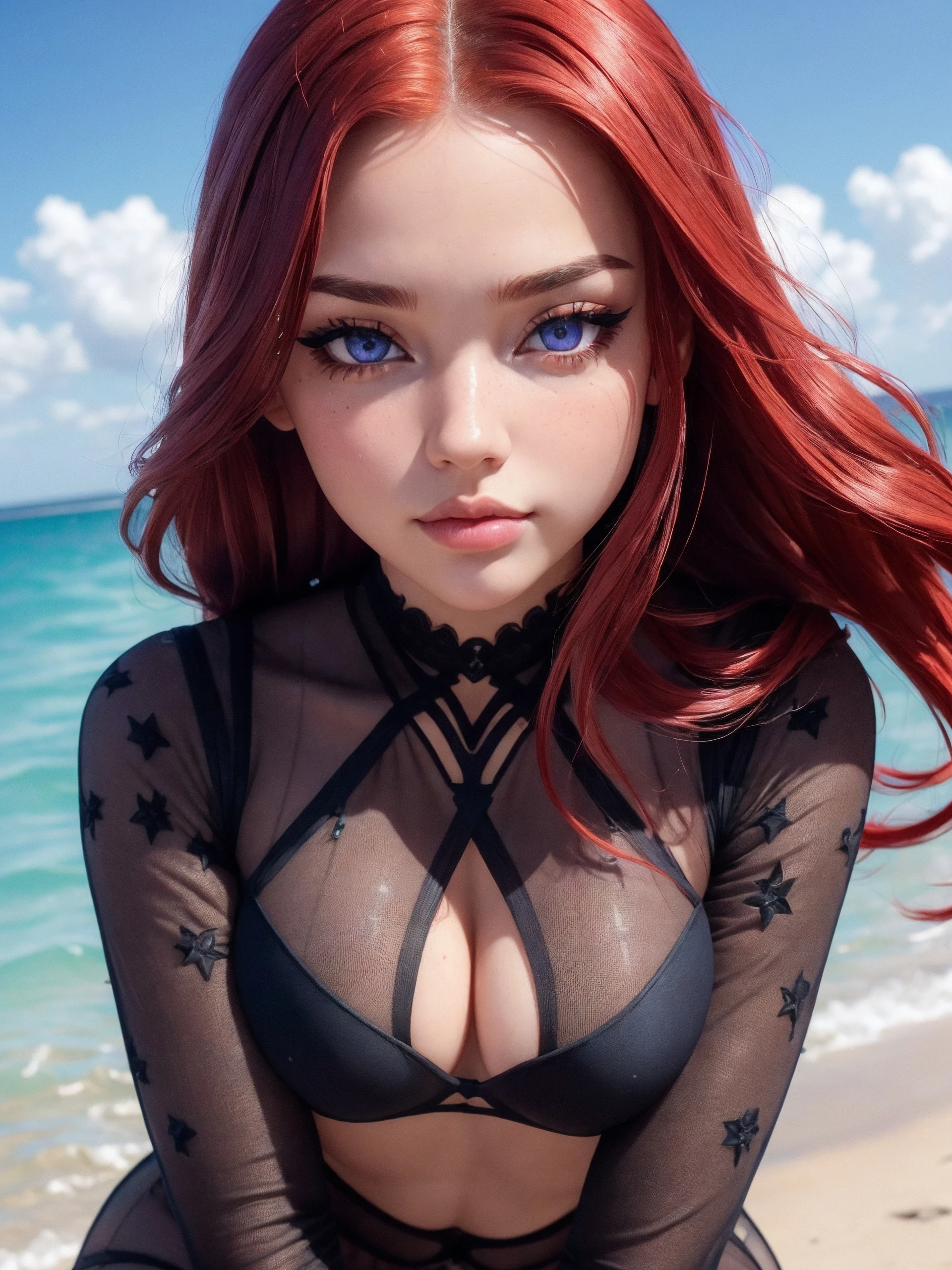(best quality, masterpiece:1.2), photorealistic, ultra high res, (beautiful detailed eyes:1.3), reflections in eyes, symmetrical eyes, (beautifully detailed face:1.3), detailed lips:1, detailed iris, detailed skin:1, absurdres, dynamic angle, seductive pose, (tight sexy sheer outfit:1.3), (1girl, most beautiful, cute, (gorgeous face:1.3), eyeliner, blush, big lips:1.9, long red hair, purple eyes, slim waist, narrow shoulders, short torso, soft thighs), beach scene,