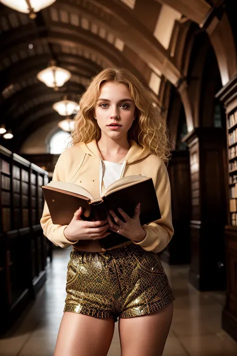 RAW photo,  tv_Marlena_MXAI, ,  , intense expression, wearing shorts and a hoodie, reading a book in a huge old library, full body shot,, 8k resolution, highres, high detail, sharp focus, detailed skin,  8k uhd,